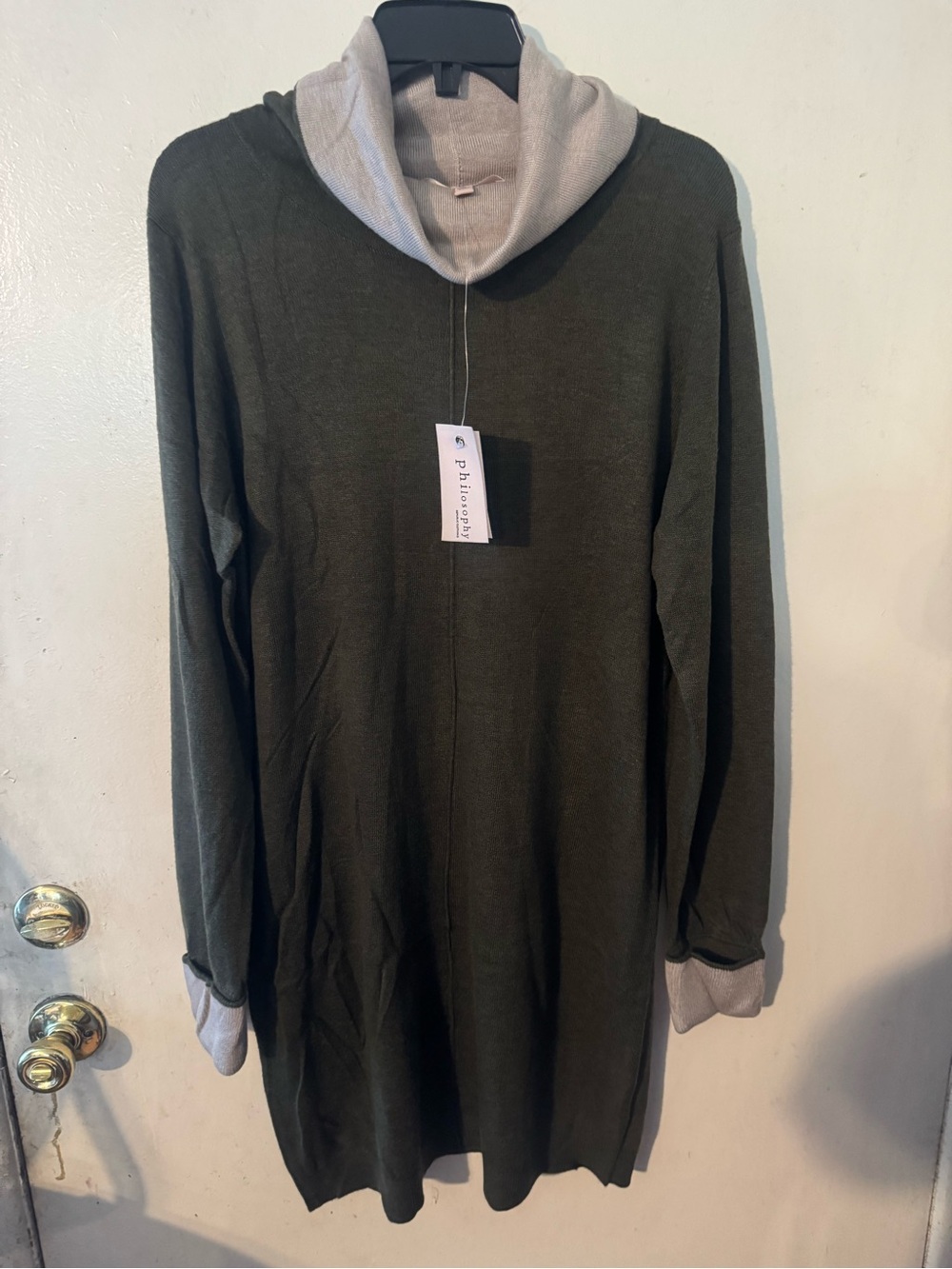 Philosophy Olive Green women Turtleneck Sweater with Light Beige Trim